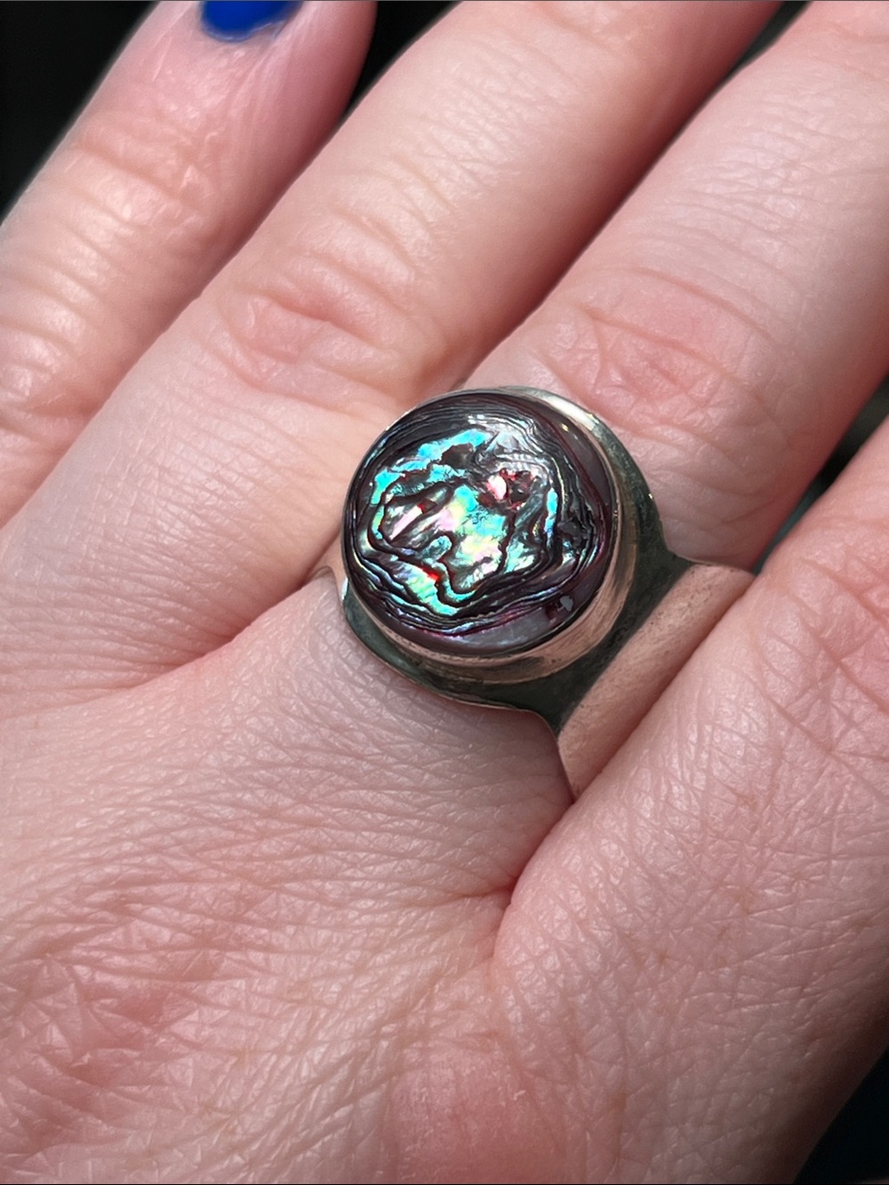 Vintage Artisan Signed Abalone Shell Sterling Silver Wide Band Adjustable Ring